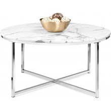Best Choice Products 36in Faux Marble Modern Round Accent Side Coffee Table for Living Room Dining Room Tea Home Décor w Metal Frame Non-Marring Foot Caps White Chrome