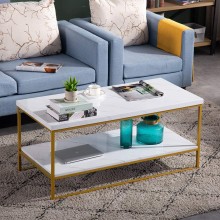 Bonnlo Faux Marble Coffee Table 41.7" Marble Coffee Table White and Gold Coffee Table Marble Top Coffee Table White Marble Coffee Table with Metal Frame for Living Room Rectangular Coffee Table