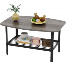 Coffee Table Small Coffee Table with Wooden Finish and Metal Legs Oval Coffee Table with Storage Shelf 2-Tier Modern Central Table for Living Room and Office Grey