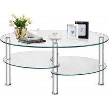 FANTASK Tempered Glass Coffee Table Oval 3-Tier Steel Tea Table w Spacious Glass Desk-Top Open Storage Shelf Modern End Side Table for Home Living Room Office Reception Clear Glass