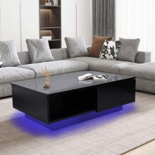 High Gloss Coffee Table with LED Light Modern Cocktail Coffee Table Rectangle Contemporary Glossy End Table with Drawer Storage for Home Living Room Office Furniture Black110V