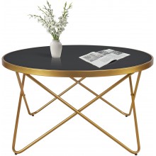 KithKasa Round Coffee Table with Black Tempered Glass Mid Century Modern Metal Frame Central Table for Living Room Reception Room Office
