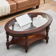 LEEMTORIG Solid Wood Coffee Table with Glass Top and Storage Shelf Round Oval Cocktail Table for Living Room Reception Office Cherry Walnut KFZ-1533-GT