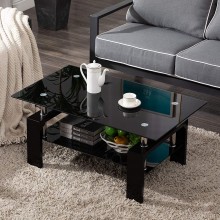 Living Room Rectangle Glass Coffee Table Modern Living Room Table with Lower Shelf Black Tempered Glass Top with Black Color Wooden Legs,Living Room Furniture,Waiting Area Table