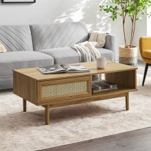 Mopio Haylee Modern Farmhouse Boho Coffee Table with Rattan Cane Sliding Doors Ample Storage Space for a Clean and Natural Living Room Includes Leveler Walnut Brown Natural Oak