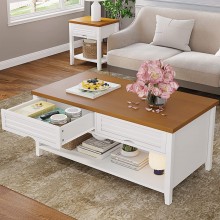 Sedeta White Coffee Table with Drawers Storage for Living Room 42" Small Coffee Table with 100% Solid Wood Legs 2 Shutter Drawers & Open Storage Shelf Dining Coffee Table White & Walnut