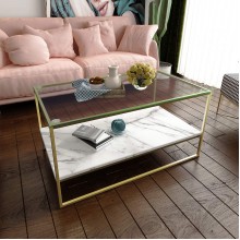 Tilly Lin Faux Marble Coffee Table Glass Top Coffee Table Cocktail Table with Gold Metal Legs