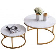 UNIE Modern Nesting Coffee Table Set of 2 Round Accent Coffee Table with Faux Marble Wood Top & Gold Metal Frame for Living Room Office Balcony