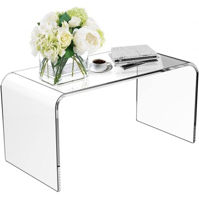 WAHFAY Acrylic Coffee Table with PVC Cover Protector 32 L x 16 W x16'' H x3 5'' Thick Modern Waterfall Coffee Table for Living Room Clear Rectangle Tea Table with Round Edges