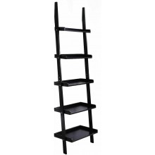 Prodb Black 5-Tier Bookcase Bookshelf Leaning Wall Plant Shelf Ladder Storage Display Ladder Shelf Decorative Ladder Decorative Shelves