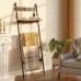 Rolanstar Ladder Shelf for Blanket Wall-Leaning Blanket Rack with an Adjustable Shelf and 4 Hanging Hooks 5-Tier Farmhouse Leaning Shelf for Bathroom Living Room,Rustic Brown