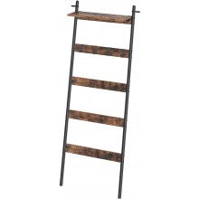 Rolanstar Ladder Shelf for Blanket Wall-Leaning Blanket Rack with an Adjustable Shelf and 4 Hanging Hooks 5-Tier Farmhouse Leaning Shelf for Bathroom Living Room,Rustic Brown