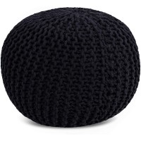 BirdRock Home Round Pouf Foot Stool Ottoman Knit Bean Bag Floor Chair Cotton Braided Cord Great for The Living Room Bedroom and Kids Room Small Furniture Black