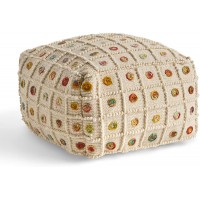 Great Deal Furniture Jocelyn Boho Wool and Cotton Large Ottoman Pouf White and Multicolored