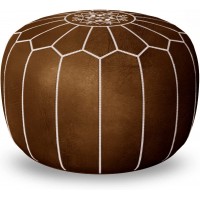 Mina Stuffed Moroccan Leather Pouf Ottoman 20" Diameter and 13" Height Brown