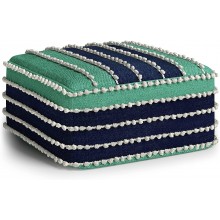 SIMPLIHOME Garbo Boho Square Woven Outdoor  Indoor Pouf in Aqua,Navy and White Recycled PET Polyester for the Living Room Family Room Bedroom and Kids Room