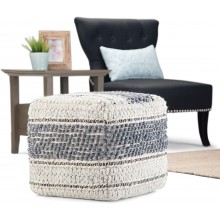 SIMPLIHOME Grady Square Pouf Footstool Upholstered in Blue Natural Handloom Woven Wool and Cotton for the Living Room Bedroom and Kids Room Boho Contemporary Modern
