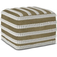 SIMPLIHOME Liam Boho Square Woven Outdoor  Indoor Pouf in Natural and White Recycled PET Polyester for the Living Room Family Room Bedroom and Kids Room