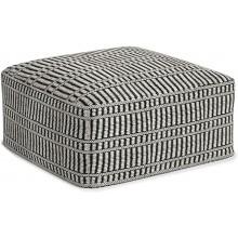 SIMPLIHOME Safford Boho Square Woven Outdoor  Indoor Pouf in Black and White Recycled PET Polyester for the Living Room Family Room Bedroom and Kids Room