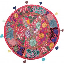 Stylo Culture Indian Yoga Pillows for Sitting On Floor Vintage Patchwork Round Pouf Cover Pink 22x22 Large Pillows Decorative Decor Seating Tuffet Seat Pouf Cover Footstool Cotton Embroidered 1 Pc