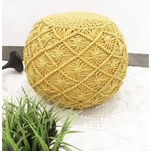 The Knitted Co. Cotton Pouf Handmade Macrame Ottoman Farmhouse Rustic Accent Furniture Footrest Round Bean Bag for Living Room Bedroom Kids Room Yellow 18" x 18" x 14"