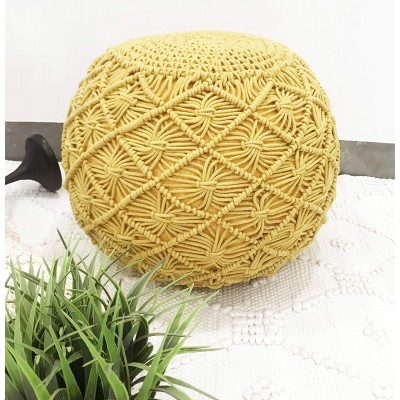 The Knitted Co. Cotton Pouf Handmade Macrame Ottoman Farmhouse Rustic Accent Furniture Footrest Round Bean Bag for Living Room Bedroom Kids Room Yellow 18 x 18 x 14