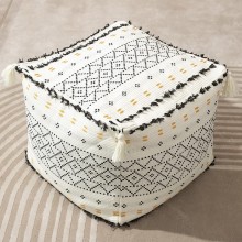 Unstuffed Boho Decorative Pouf Cover Casual Ottoman Square Cube Bean Bag with Tassels & Soft Tufted Modern Accent Footrest for Living Room Bedroom Nursery Kidsroom Patio Black