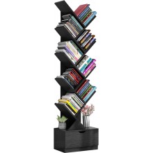 10-Tier Tree Bookshelf with Drawer Black Bookcase Retro Wood Storage Rack for CDs Movies Books Organizer Shelves for Living Room Bedroom Home Office [Black]