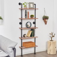 5 Tier Industrial Ladder Shelf Bookcase Wall Mounted Rustic Bookshelf Retro Wood Metal Pipe Industrial Shelves for Living Room Decor and Storage Weathered Brown 24" L x 10" W x 70" H