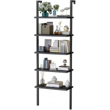 AWQM Ladder Shelf 5 Tier Open Wall Mount Bookshelf with Metal Frame Industrial Bookshelf for Bedroom,71 Inches Storage Rack Shelves Sturdy Book Shelves Bookcase for Home Office,Black