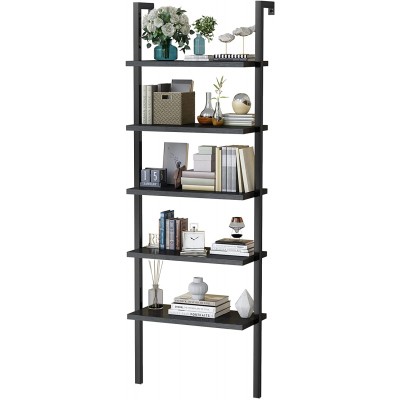 AWQM Ladder Shelf 5 Tier Open Wall Mount Bookshelf with Metal Frame Industrial Bookshelf for Bedroom,71 Inches Storage Rack Shelves Sturdy Book Shelves Bookcase for Home Office,Black