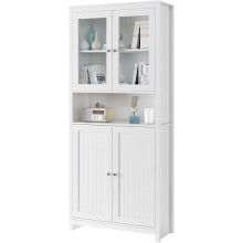 FOTOSOK Bookcase with Glass Doors Display Cabinet with Open Shelf Freestanding Kitchen Pantry for Home Office White
