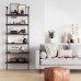 Nathan James Theo 6-Shelf Tall Bookcase Wall Mount Bookshelf with Natural Wood Finish and Industrial Metal Frame Nutmeg Matte Black
