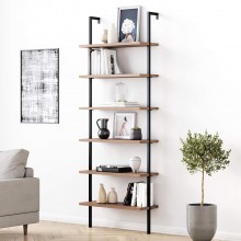 Nathan James Theo 6-Shelf Tall Bookcase Wall Mount Bookshelf with Reclaimed Wood and Industrial Metal Frame Oak Black