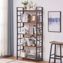 OIAHOMY Industrial Bookshelf，5-Tier Vintage Bookcase and Bookshelves，Rustic Wood and Metal Shelving Unit，Display Rack and Storage Organizer for Living Room Rustic Brown