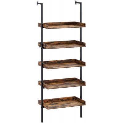 Rolanstar 5-Tier Bookshelf with 3 Hooks Wall Mount Bookcase with Wooden Edge 72 Storage Rack with Open Shelves Display Plant Flower Stand Organizer for Living Room Home Office Rustic Brown