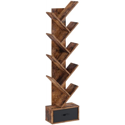 Rolanstar Tree Bookshelf with Drawer 8 Shelf Rustic Brown Bookcase Retro Wood Storage Rack for CDs Movies Books Utility Organizer Shelves for Living Room Bedroom Home Office
