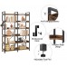 Seventable Bookshelf 6-Tier 69”with Top Edge  Open Bookcase with 4 Hooks Double Wide Bookshelf Rustic Industrial Display Bookshelves Wood and Metal Frame Bookcases for Living Room Rustic Brown