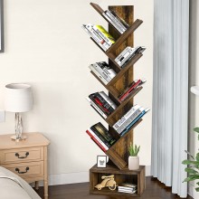 SUAYLLA Tree Bookshelf with Display Drawer 9 Tier Floor Standing Bookcase with Wooden Shelves Storage Rack Shelves Holder for Books CDs Movies Files in Home Office Living Room Rustic Brown