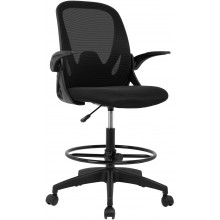 Drafting Chair Standing Desk Chair with Adjustable Foot Ring Mesh Back Tall Office Chair Task Lumbar Support Flip Up Arms Computer ChairBlack