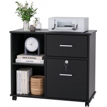 Lateral File Cabinet with Drawers and Lock Wood Filing Cabinet Rolling Printer Stand with Shelves for Home Office Black