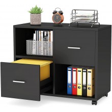 Tribesigns 2 Drawers File Cabinet Mobile Lateral Filing Cabinet Large Printer Stand with Open Storage Shelves and Wheels Rolling File Cabinet for Home OfficeBlack
