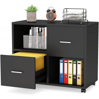 Tribesigns 2 Drawers File Cabinet Mobile Lateral Filing Cabinet Large Printer Stand with Open Storage Shelves and Wheels Rolling File Cabinet for Home OfficeBlack