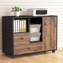 Tribesigns Lateral File Cabinet 2 Drawer,Wood Filing Cabinet with Wheels,Printer Stand with Storage Shelves for Home Office,Black & Brown