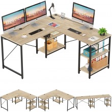 Bestier L Shaped Desk with Shelves 95.2 Inch Reversible Corner Computer Desk or 2 Person Long Table for Home Office Large Gaming Writing Storage Workstation P2 Board with 3 Cable Holes Oak
