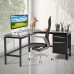 L Shaped Home Office Desk Pataku Corner Computer Desk Modern Study Writing Table with 2 Drawers Tempered Glass Desktop Metal Frame Black