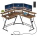 Rolanstar Computer Desk L Shaped with Power Outlet 54” L Shaped Computer Corner Desk with Monitor Standand Keyboard Tray Home Office Desk with USB Port & Hook Rustic Brown