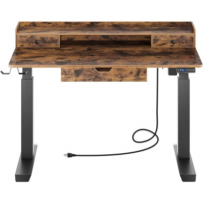 Rolanstar Standing Desk with Drawers 55 Height Adjustable Desk with Power Outlet & Monitor Shelf Electric Stand Up Home Office Desk with Headphone Hooks Rustic Brown
