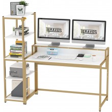 Teraves Computer Desk with 5 Tier Shelves,Reversible Writing Desk with Storage 47 Inch Study Table for Home Office Independent Bookcase and Desk for Multiple Scenes Desk+Shelves White+Gold Frame