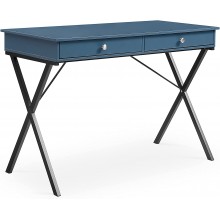Tmosi Home Office Computer Laptop Writing Desk,Makeup Vanity Dressing Table with 2 Drawers with Black Stoving Varnsih Steel Frame,MDF Table Top Blue